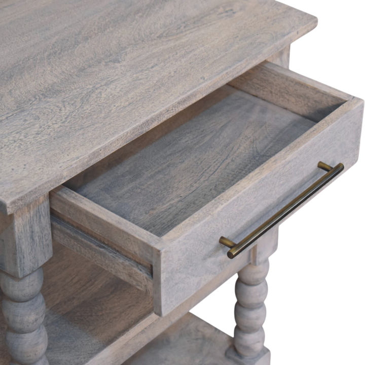 Langham Open Side Table in Salt, shown with a drawer open.