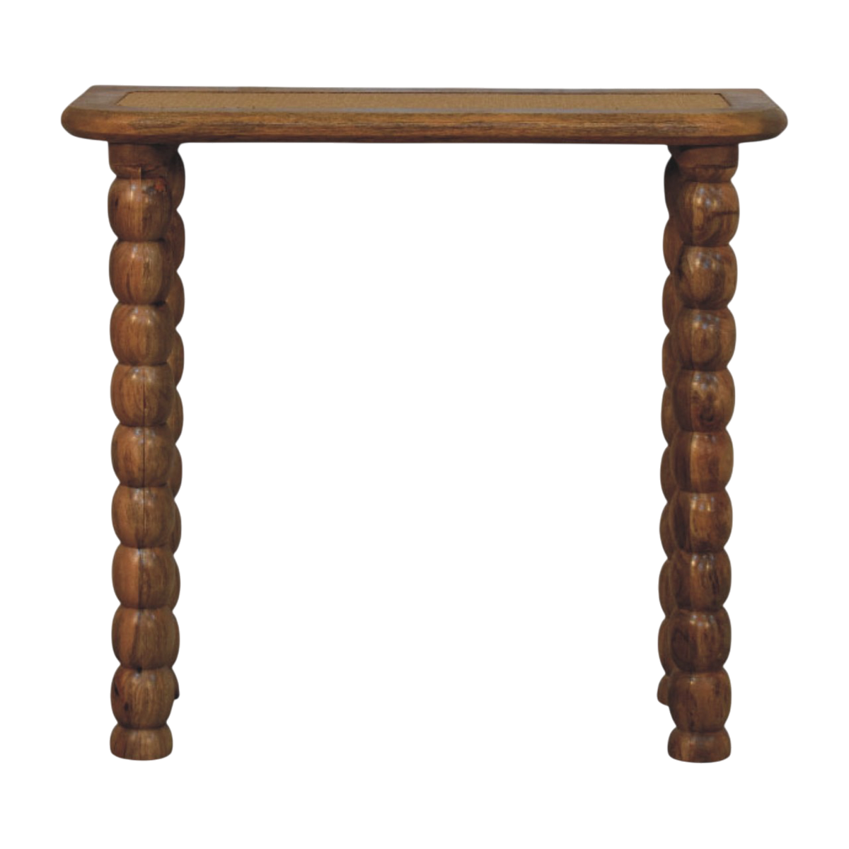 Langham Rattan-Top Console Table in Amber with Natural Rattan, front view. 100% solid hardwood in a warm amber finish, woven rattan inlay to the top, turned spindle legs.