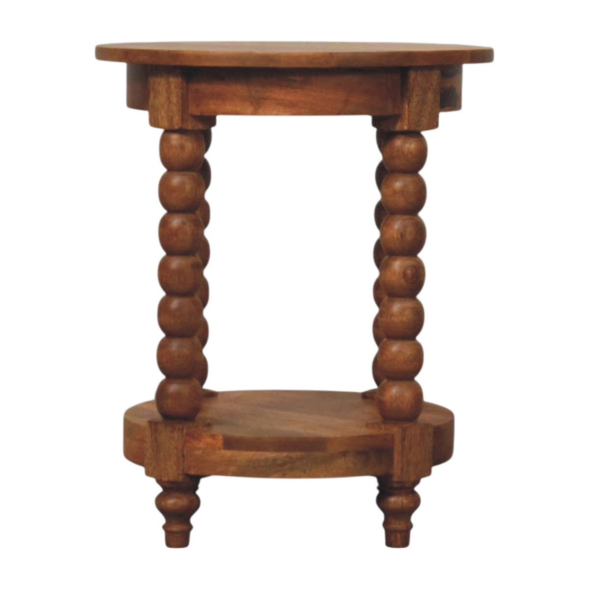 Langham Round Side Table in Amber, front view. 100% solid hardwood in a warm amber finish, turned spindle legs, open lower shelf.
