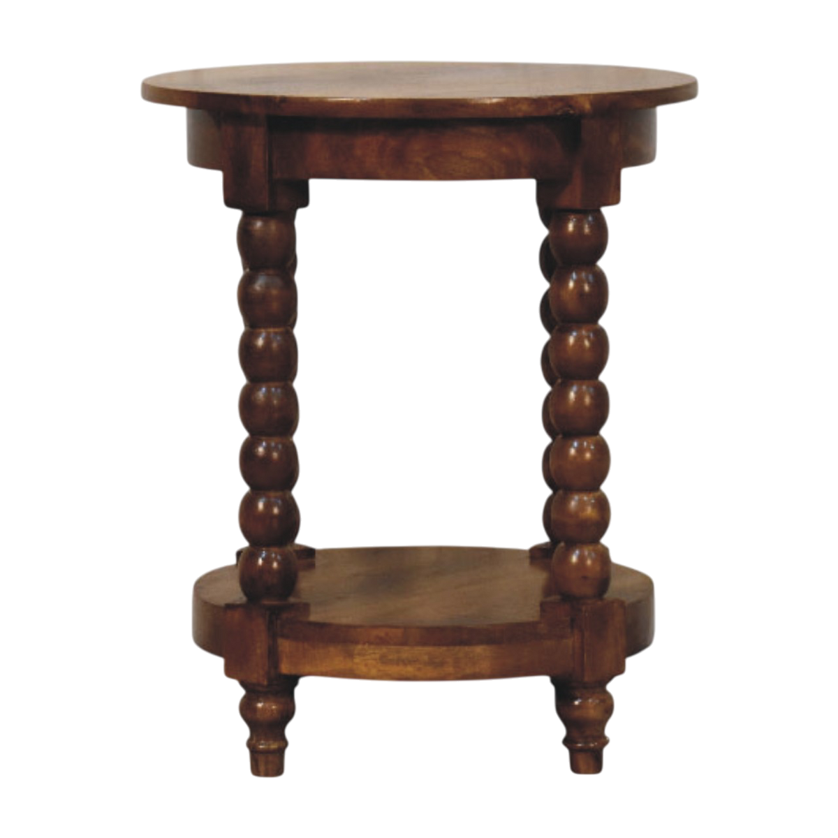 Langham Round Side Table in Russet, front view. Russet hardwood with turned spindle legs and an open lower shelf.