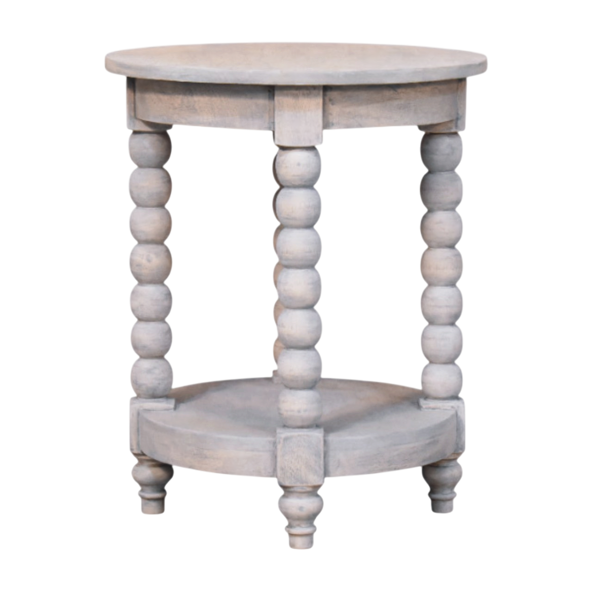 Langham Round Side Table in Salt, front view. Solid hardwood throughout, washed salt finish left deliberately weathered, sculpted spindle legs.