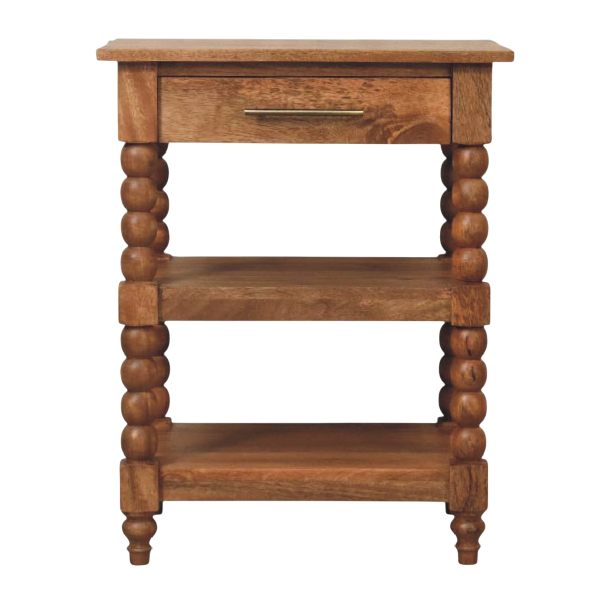 Langham Side Table in Amber, front view. Amber hardwood with carved spindle legs and two open shelves.