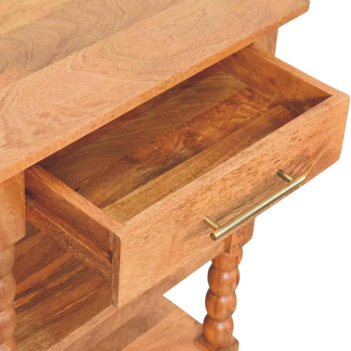 Langham Side Table in Amber, shown with a drawer open.