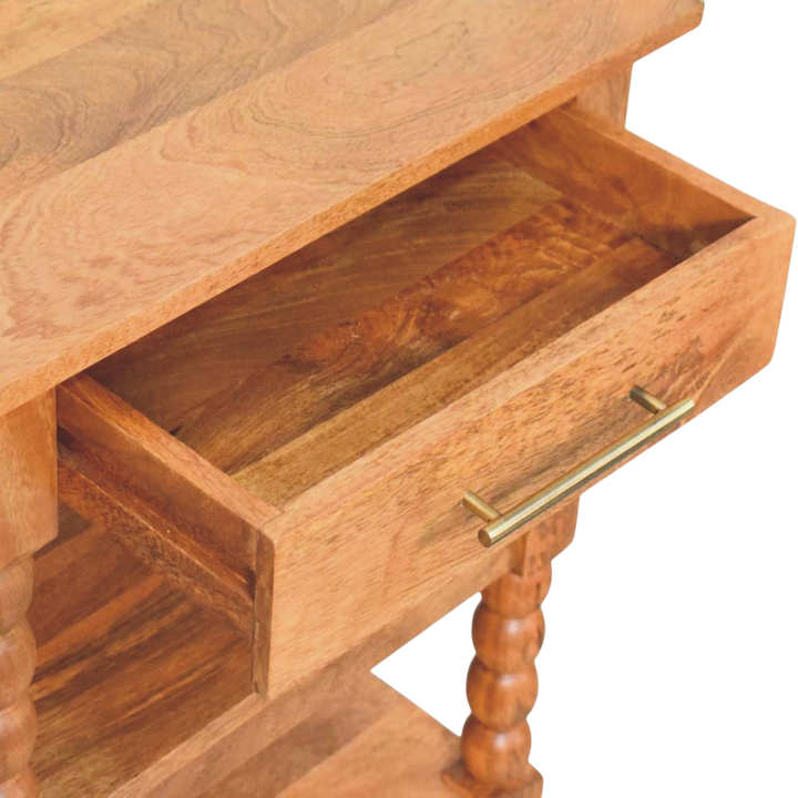 Langham Side Table in Amber, shown with a drawer open.