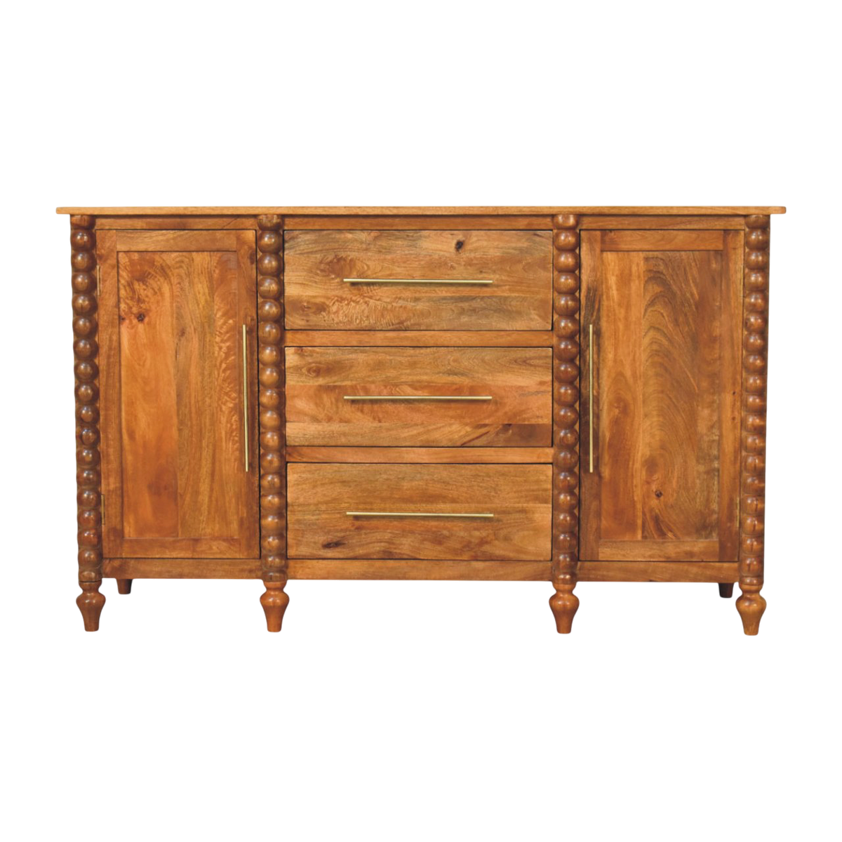 Langham Sideboard in Amber, front view. 100% solid hardwood in a warm amber finish, three central drawers over two cupboards, brass handles.