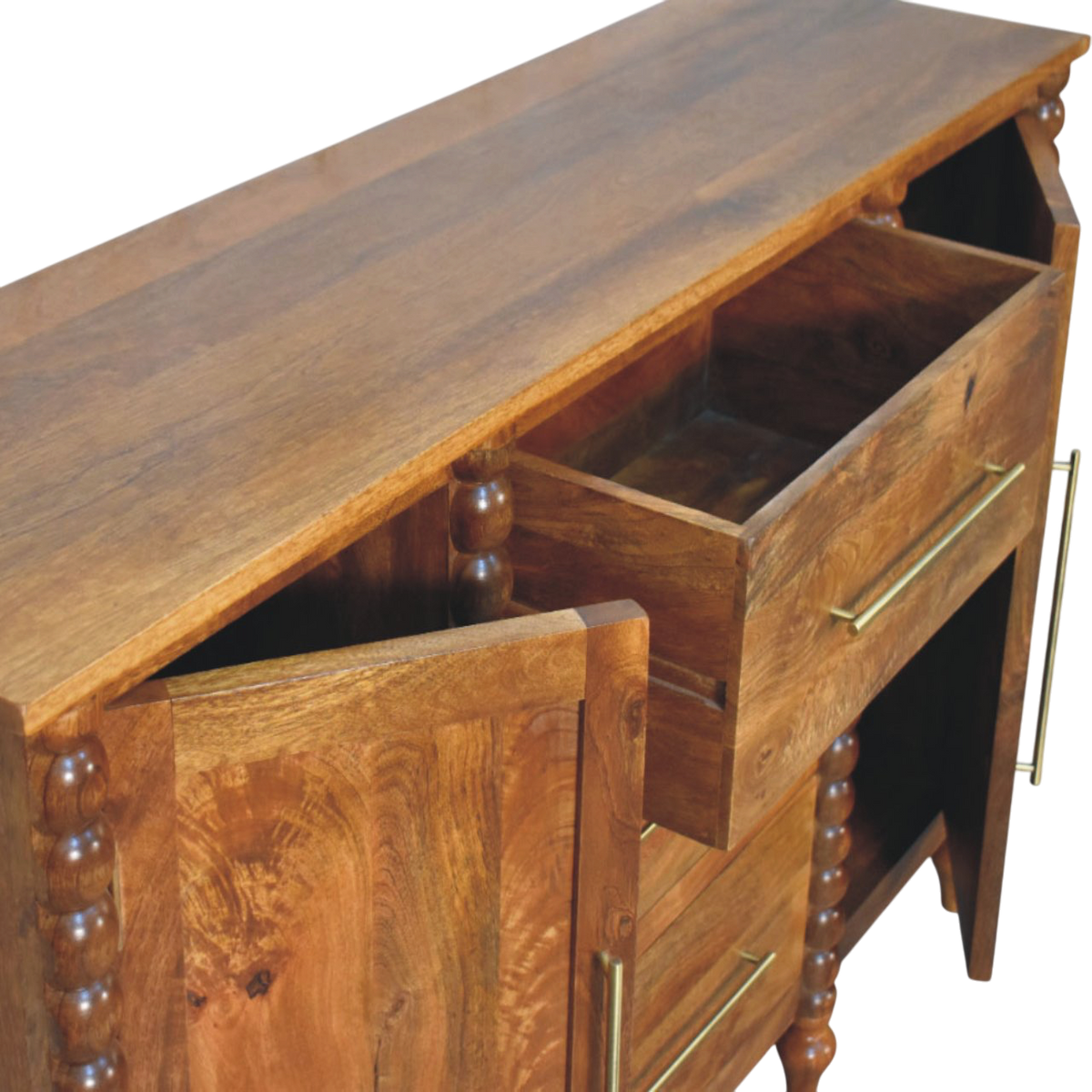 Langham Sideboard in Amber, shown with the doors open.