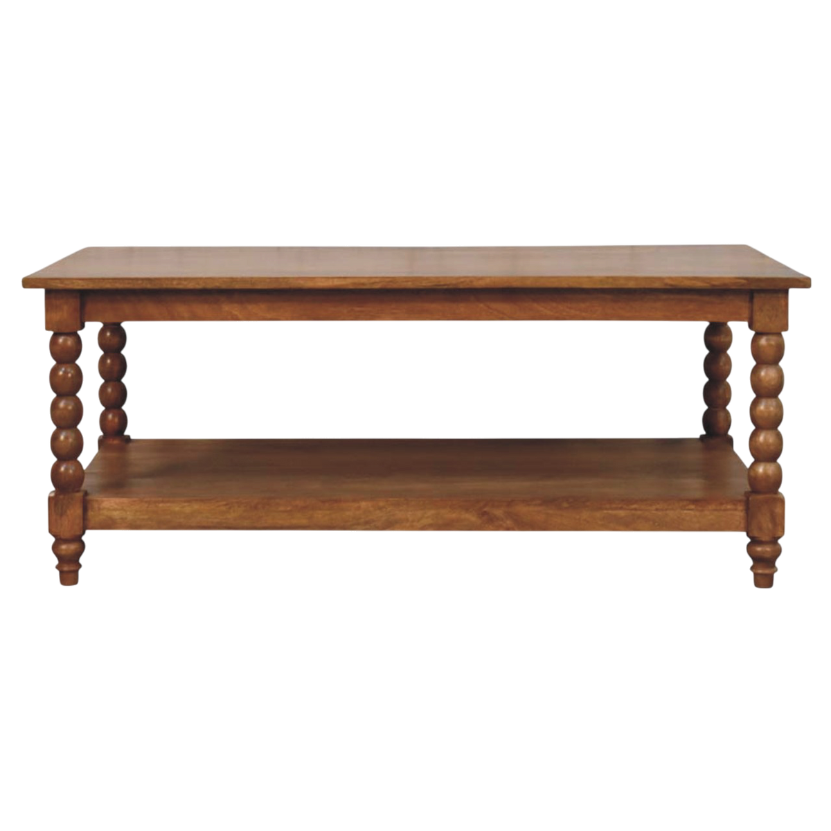 Langham Spindle Coffee Table in Amber, front view. 100% solid hardwood in a warm amber finish, turned spindle legs, open lower shelf.