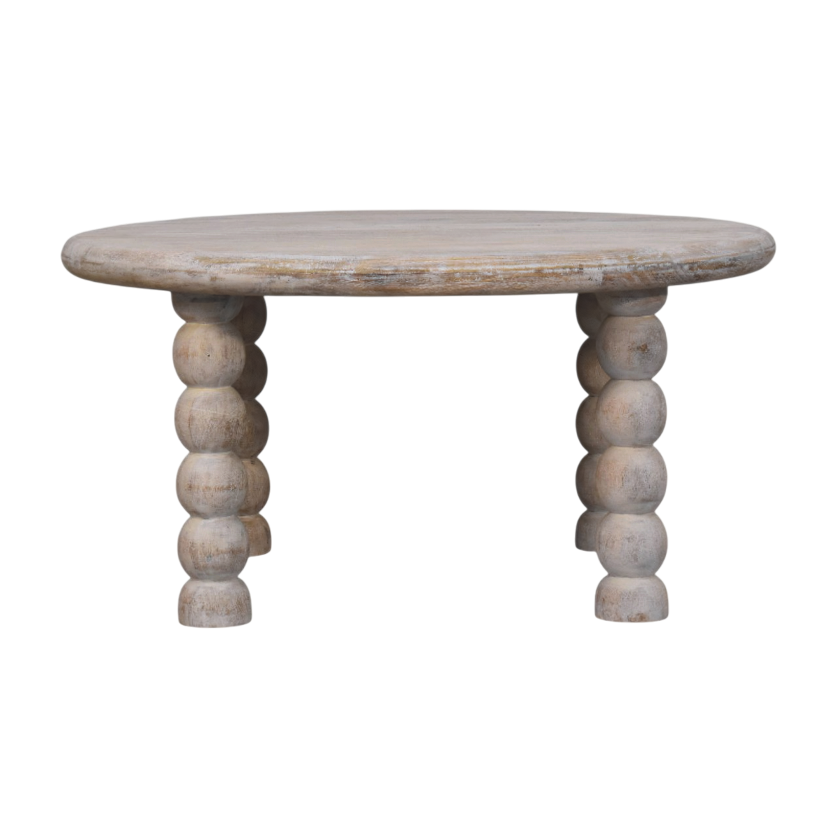 Langham Spindle Coffee Table in Driftwood, front view. Solid hardwood throughout, driftwood finish, turned spindle legs.