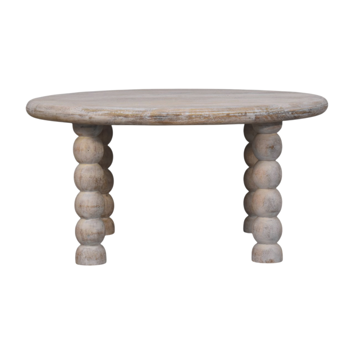 Langham Spindle Coffee Table in Driftwood, front view. Solid hardwood throughout, driftwood finish, turned spindle legs.