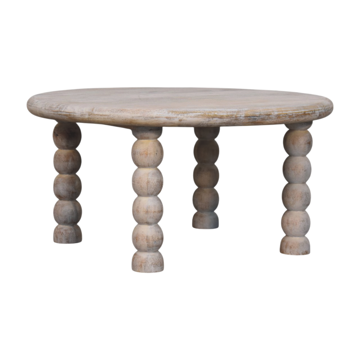 Langham Spindle Coffee Table in Driftwood, three-quarter view showing the full profile.