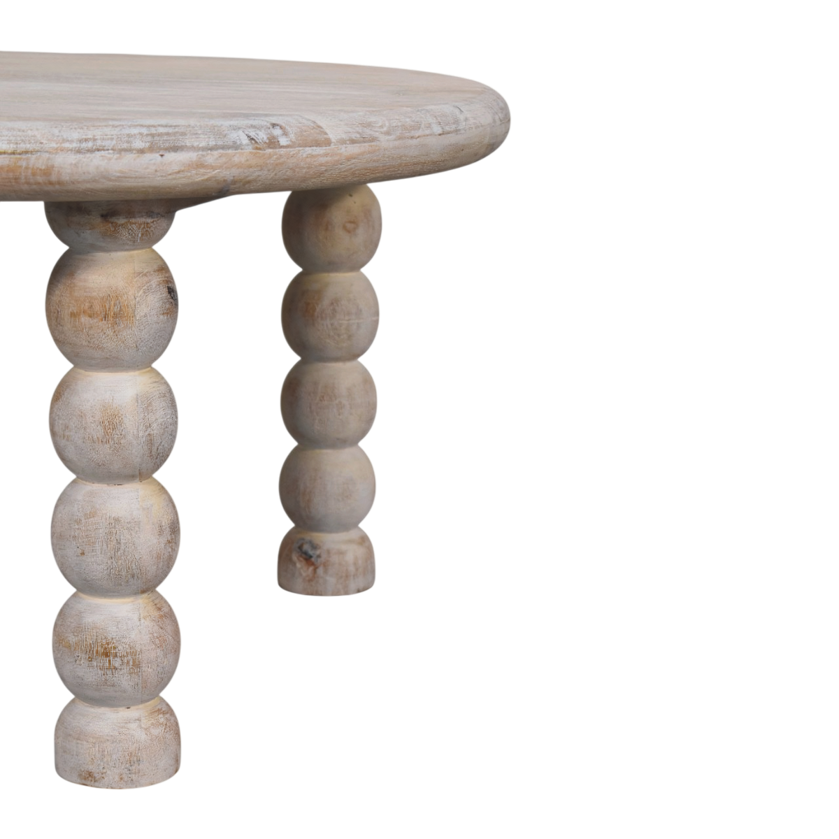 Close view of the bobbin turning on the Langham Spindle Coffee Table in Driftwood.