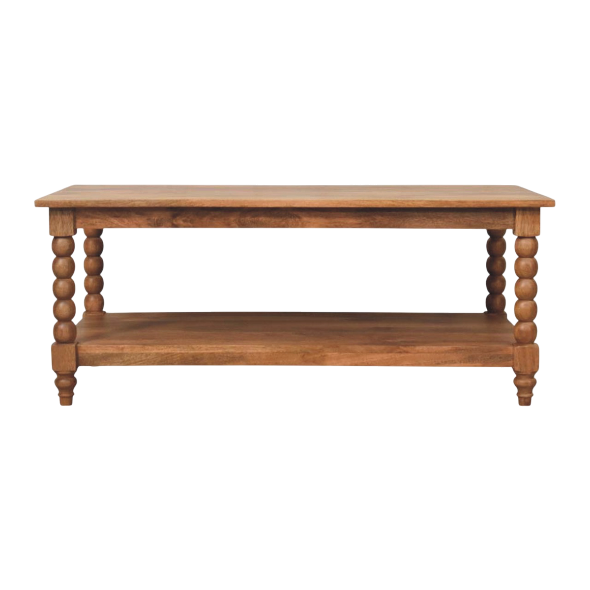 Langham Spindle Coffee Table in Russet, front view. 100% solid hardwood in a deep russet finish, turned spindle legs, open lower shelf.