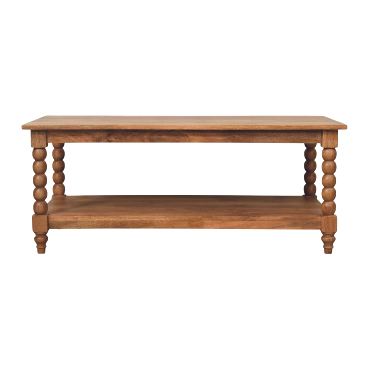 Langham Spindle Coffee Table in Russet, front view. 100% solid hardwood in a deep russet finish, turned spindle legs, open lower shelf.