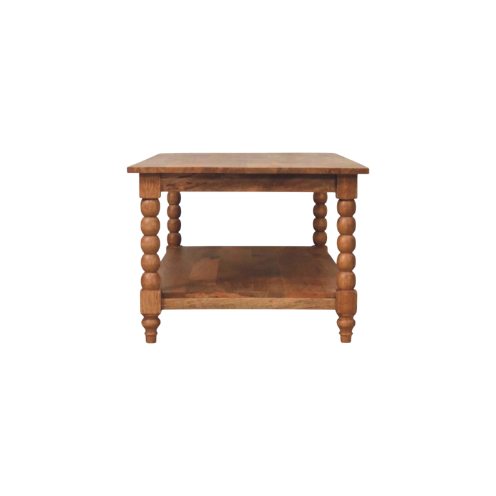 Langham Spindle Coffee Table in Russet, side view showing the depth.