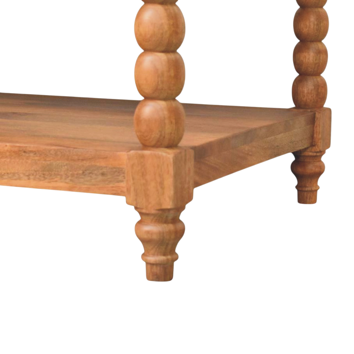 Close view of the bobbin turning on the Langham Spindle Coffee Table in Russet.