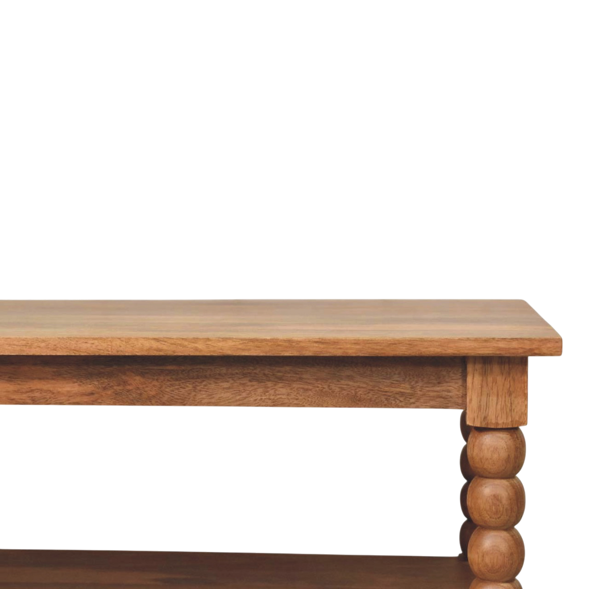 Close view of the top on the Langham Spindle Coffee Table in Russet.