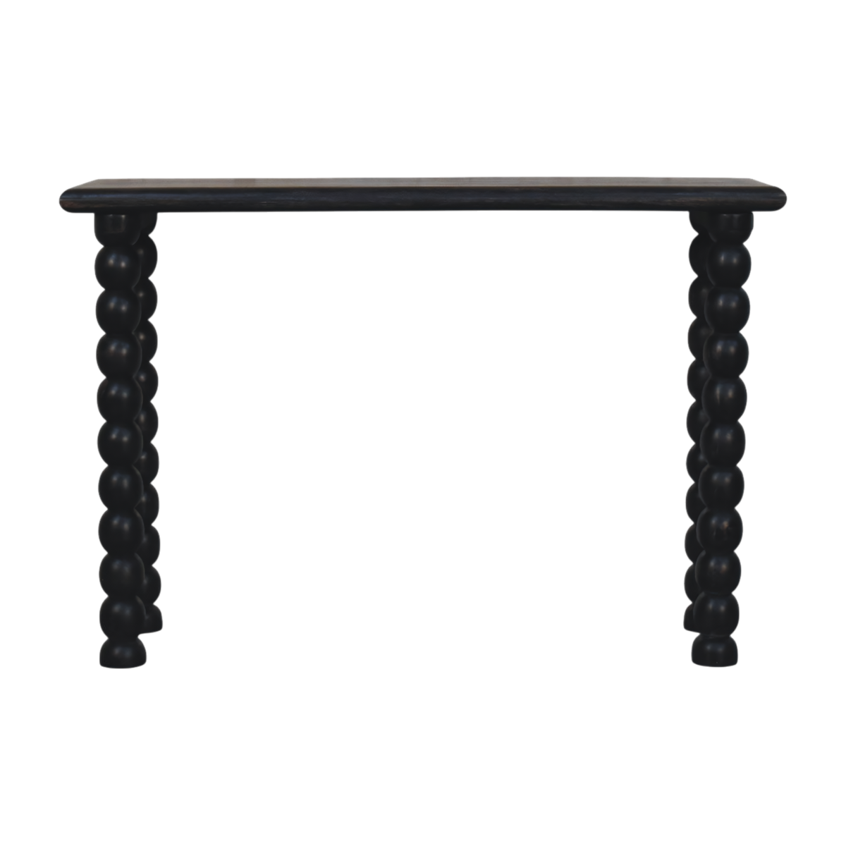 Langham Spindle Console in Charcoal, front view. Solid hardwood throughout, charcoal finish, turned spindle legs under a slim rectangular top.