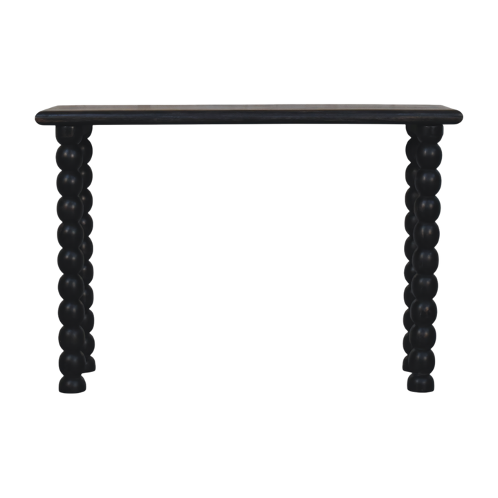 Langham Spindle Console in Charcoal, front view. Solid hardwood throughout, charcoal finish, turned spindle legs under a slim rectangular top.