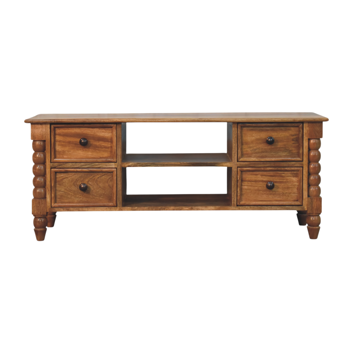 Langham Spindle Media Unit in Amber, front view. Solid hardwood throughout in an amber finish, bobbin-turned corner posts.