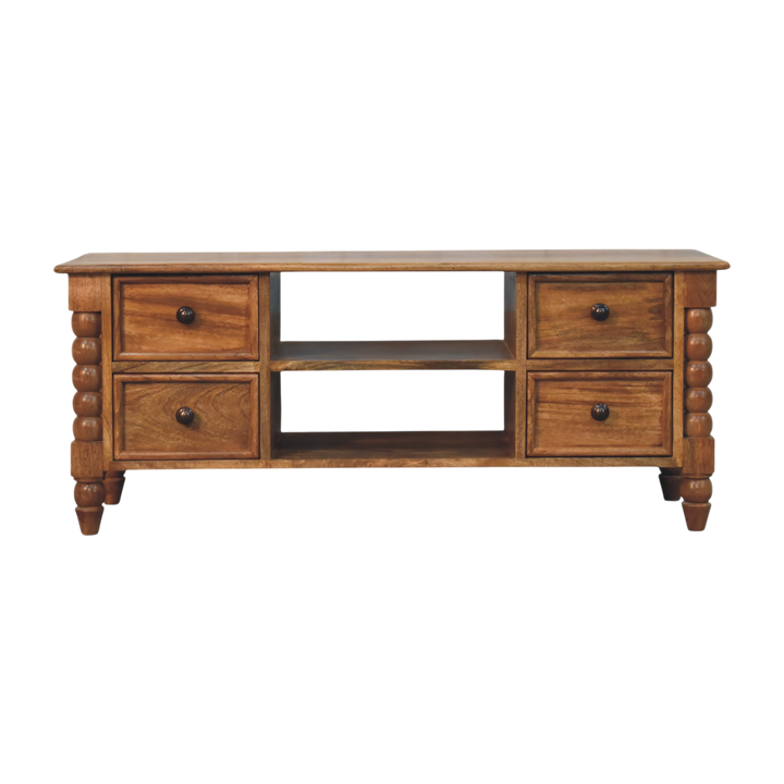 Langham Spindle Media Unit in Amber, front view. Solid hardwood throughout in an amber finish, bobbin-turned corner posts.