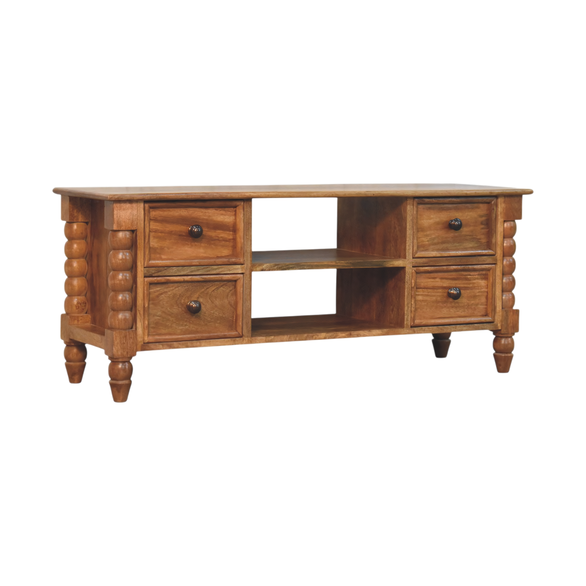 Langham Spindle Media Unit in Amber, three-quarter view showing the full profile.