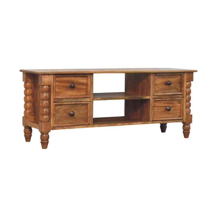 Langham Spindle Media Unit in Amber, three-quarter view showing the full profile.