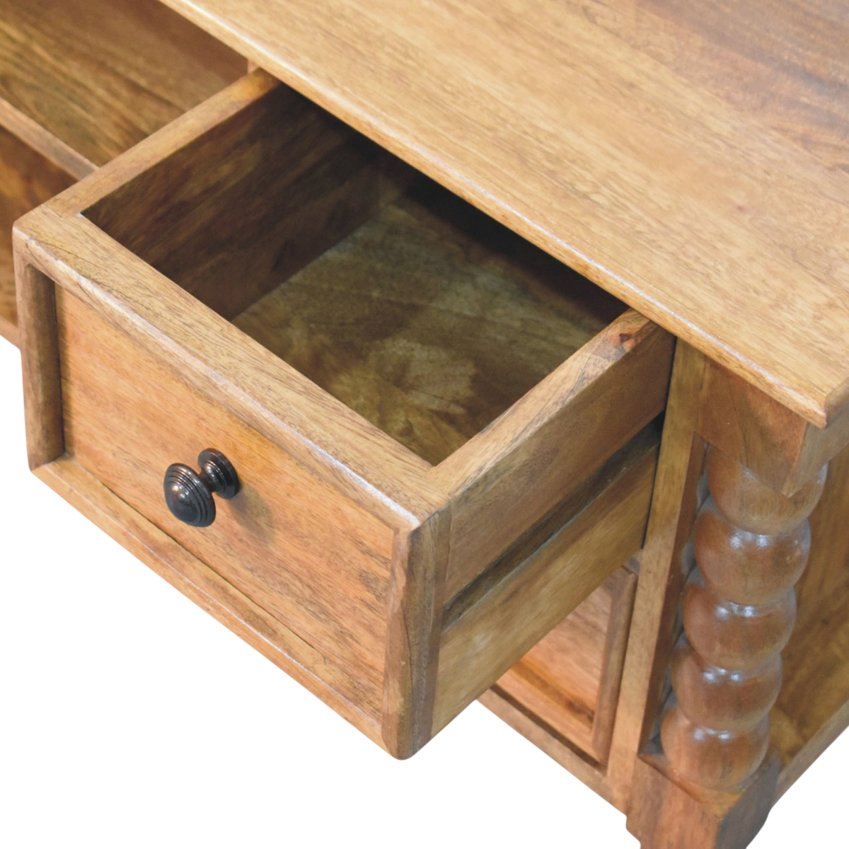 Langham Spindle Media Unit in Amber, shown with a drawer open.