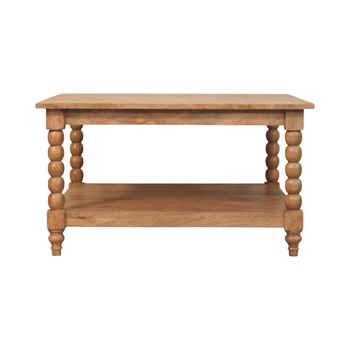 Langham Square Coffee Table in Almond, front view. Almond hardwood with carved spindle legs and an open lower shelf.