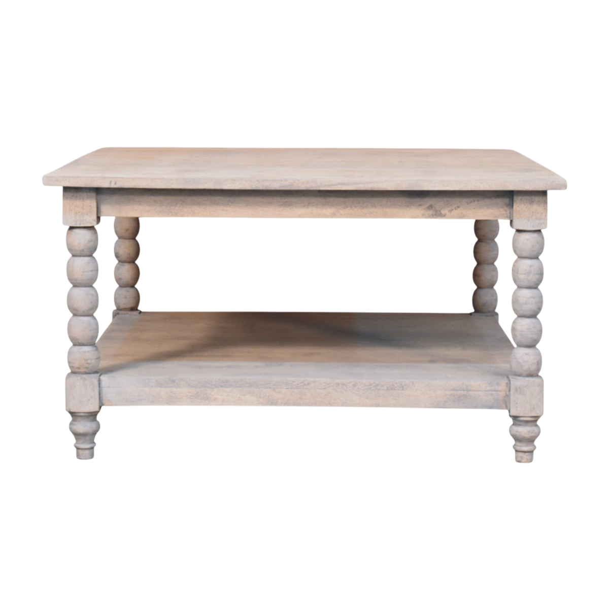 Langham Square Coffee Table in Salt, front view. Solid hardwood throughout, washed salt finish with a light coastal cast, carved spindle legs.