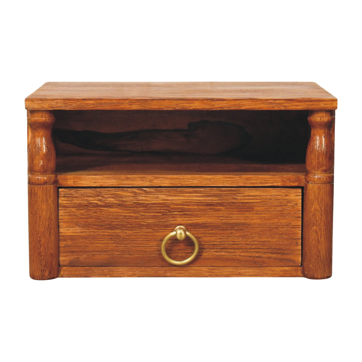 Langham Wall-Mounted Bedside Shelf in Amber, front view. Solid hardwood in an amber finish, turned pillar supports, wall-mounted.