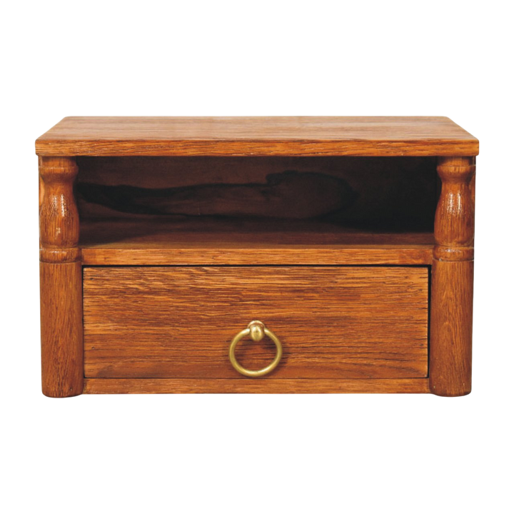 Langham Wall-Mounted Bedside Shelf in Amber, front view. Solid hardwood in an amber finish, turned pillar supports, wall-mounted.