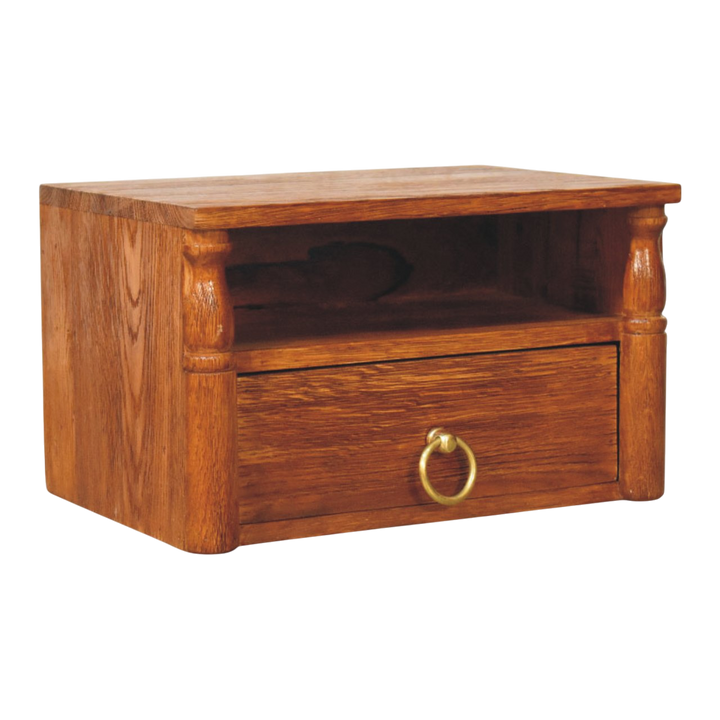 Langham Wall-Mounted Bedside Shelf in Amber, three-quarter view showing the full profile.