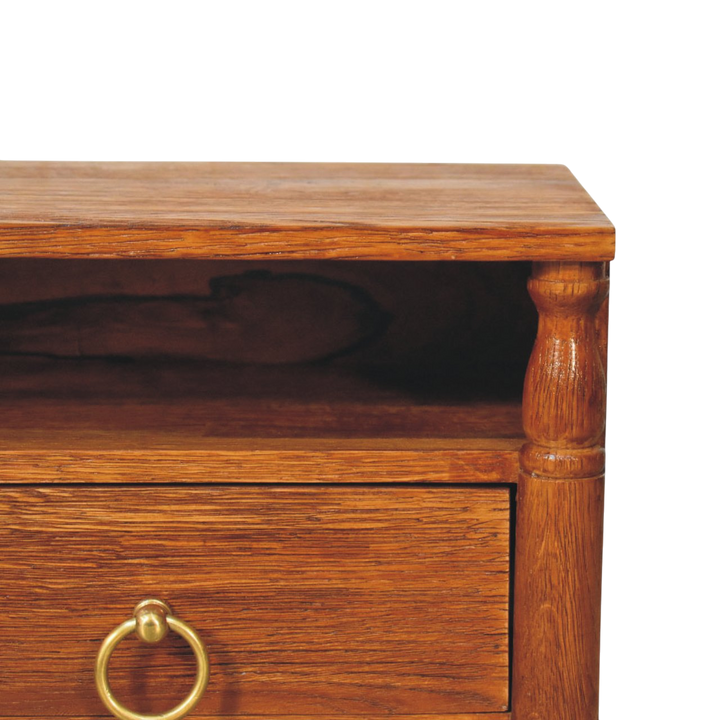 Close view of the brass hardware on the Langham Wall-Mounted Bedside Shelf in Amber.