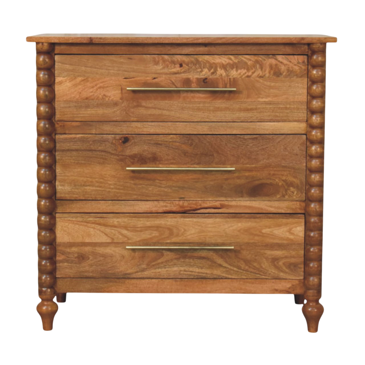 Langham Wide 3-Drawer Dresser in Amber, front view. 100% solid hardwood in a warm amber finish, three full-width drawers with brass handles, turned spindle legs.