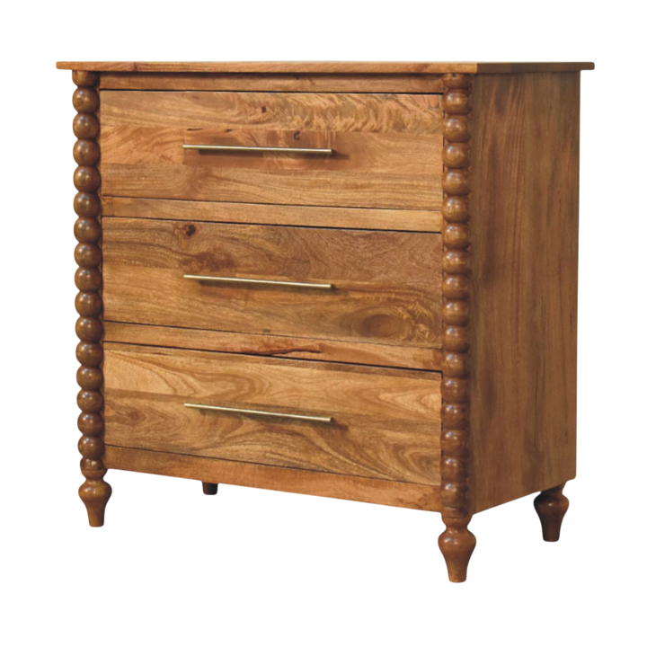 Langham Wide 3-Drawer Dresser in Amber, three-quarter view showing the full profile.