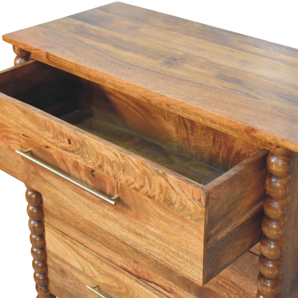 Langham Wide 3-Drawer Dresser in Amber, shown with a drawer open.