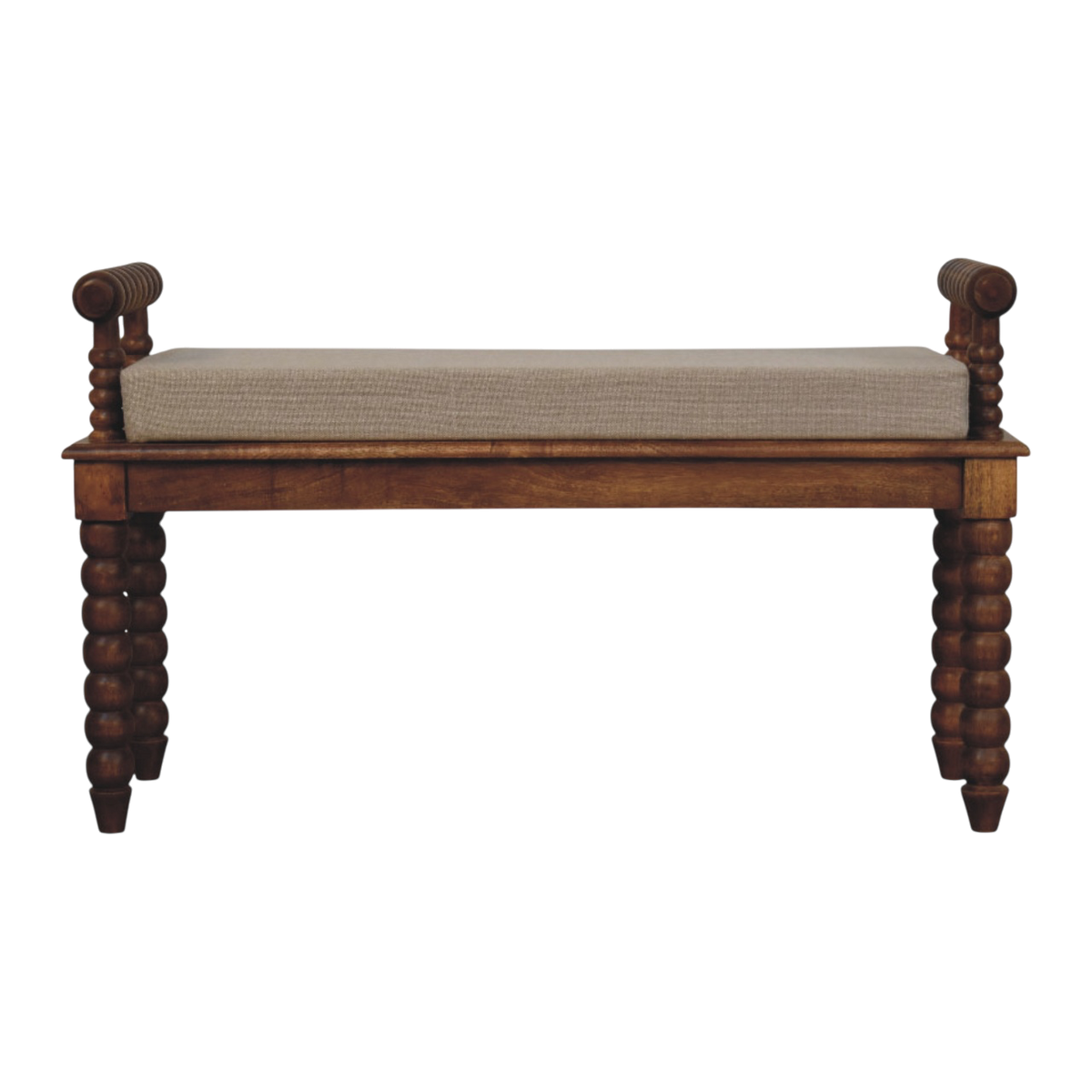 Langham Window Bench in Amber with Clay Linen, front view. Amber oak with carved spindle legs and a clay linen seat.