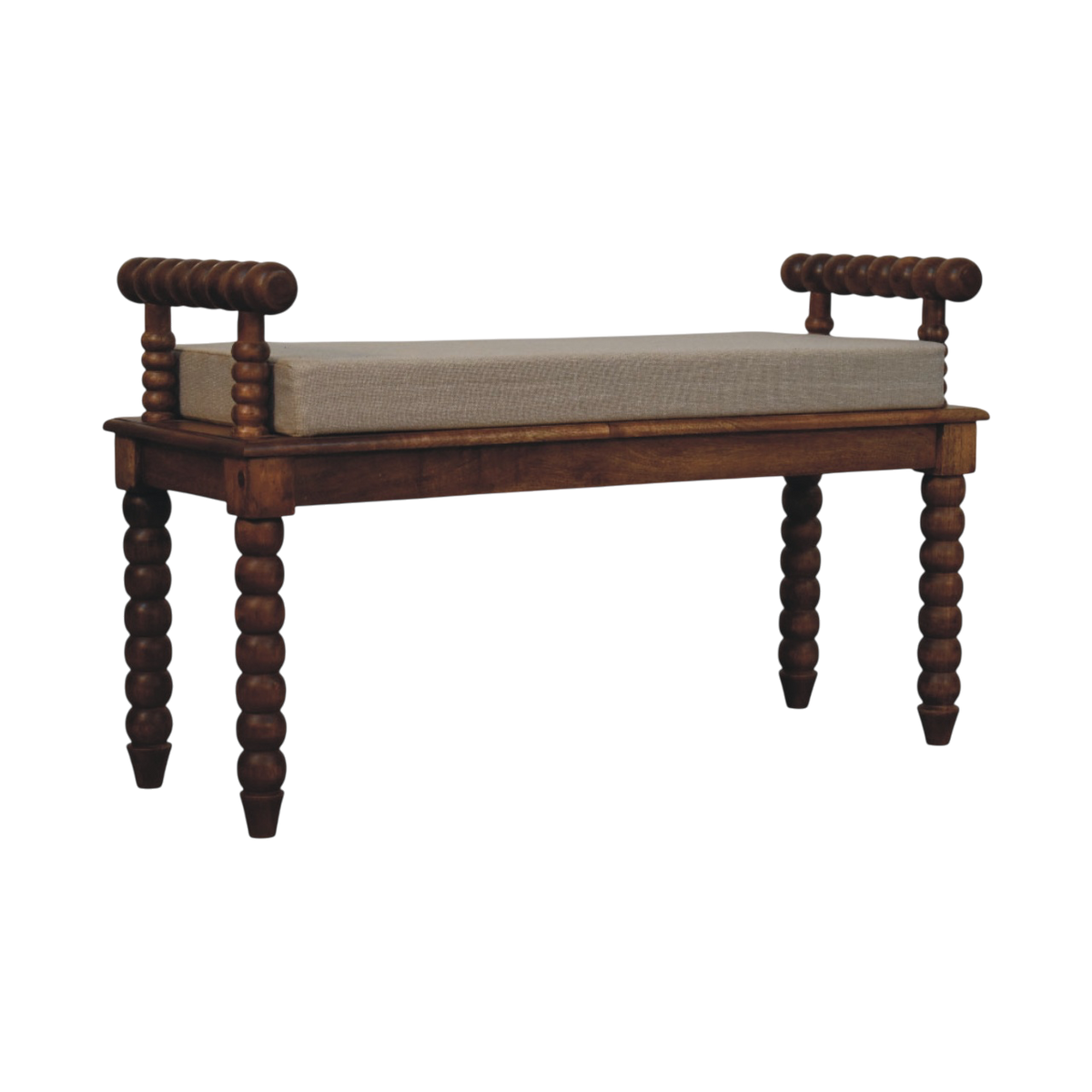 Langham Window Bench in Amber with Clay Linen, three-quarter view showing the full profile.