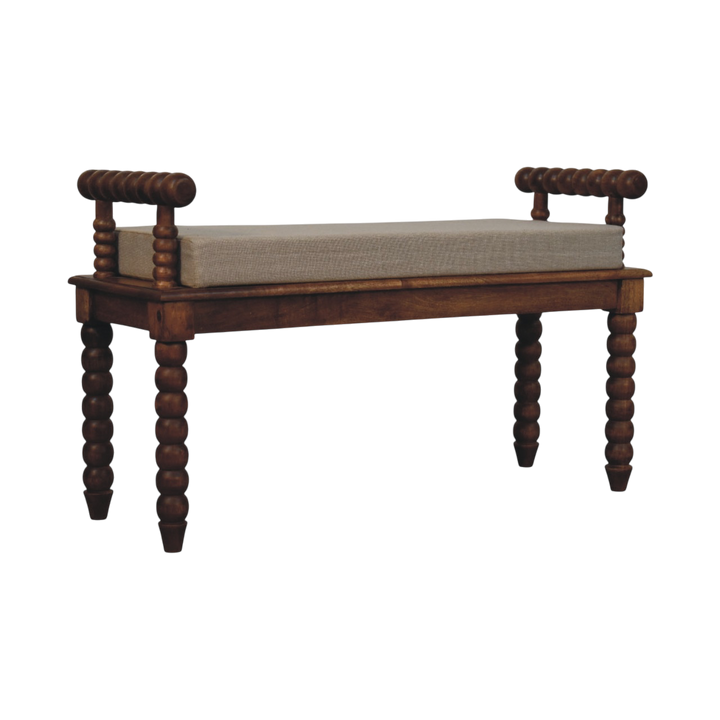 Langham Window Bench in Amber with Clay Linen, three-quarter view showing the full profile.
