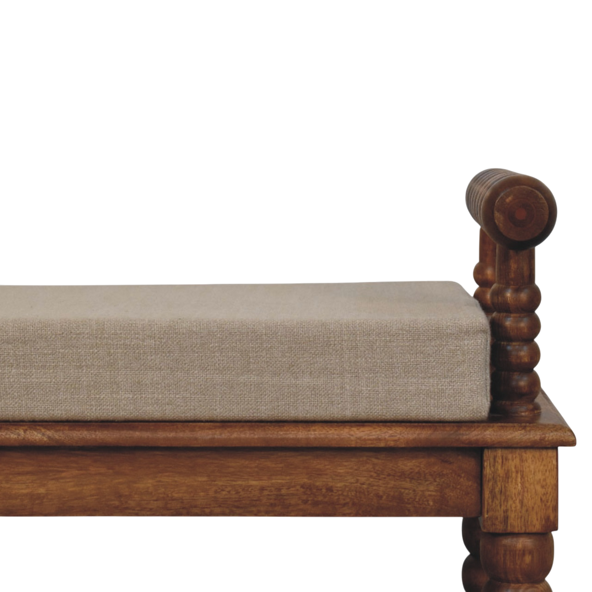 Close view of the seat cushion on the Langham Window Bench in Amber with Clay Linen.