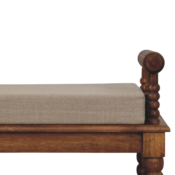 Close view of the seat cushion on the Langham Window Bench in Amber with Clay Linen.