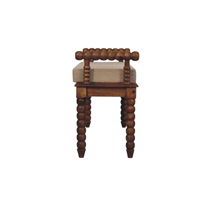 Langham Window Bench in Amber with Clay Linen, viewed from the end.