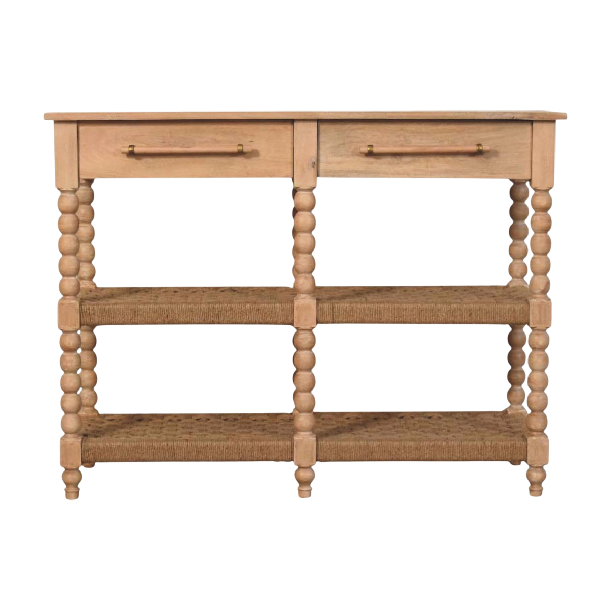 Langham Woven-Shelf Console Table in Driftwood, front view. 100% solid hardwood in a pale driftwood finish, two drawers, two woven lower shelves, turned spindle legs.