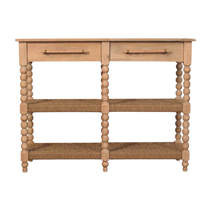 Langham Woven-Shelf Console Table in Driftwood, front view. 100% solid hardwood in a pale driftwood finish, two drawers, two woven lower shelves, turned spindle legs.