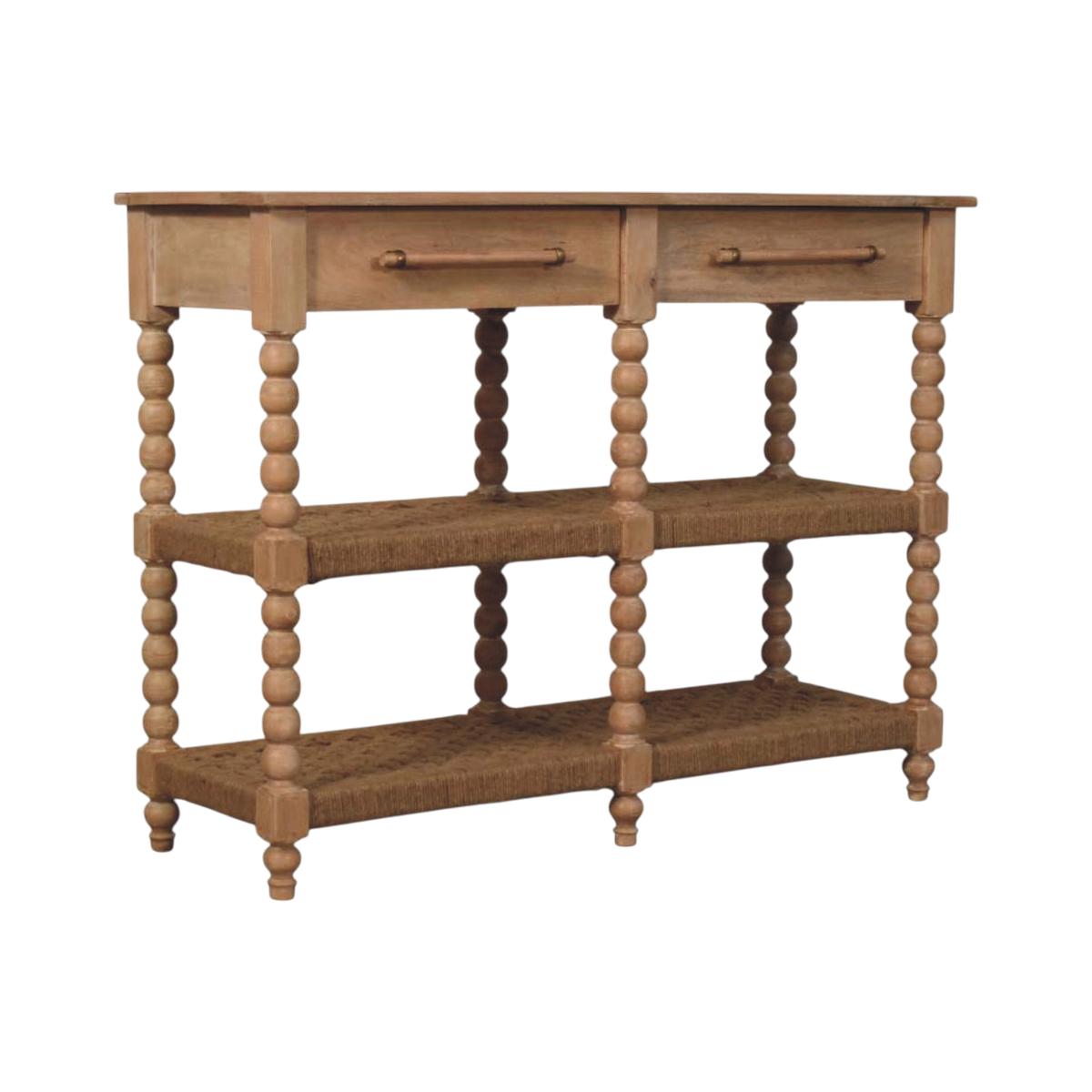 Langham Woven-Shelf Console Table in Driftwood, three-quarter view showing the full profile.
