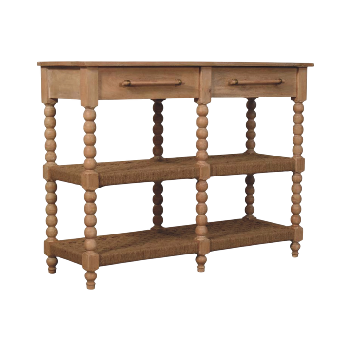 Langham Woven-Shelf Console Table in Driftwood, three-quarter view showing the full profile.