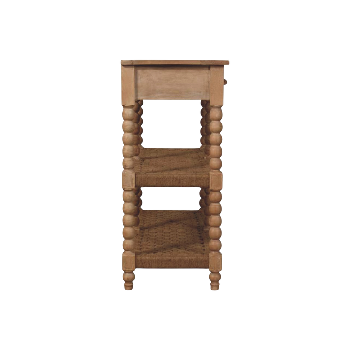 Langham Woven-Shelf Console Table in Driftwood, side view showing the depth.