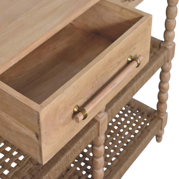 Langham Woven-Shelf Console Table in Driftwood, shown with a drawer open.