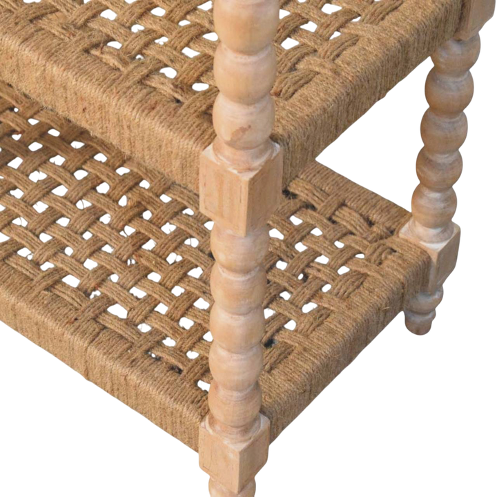 Close view of the weave on the Langham Woven-Shelf Console Table in Driftwood.