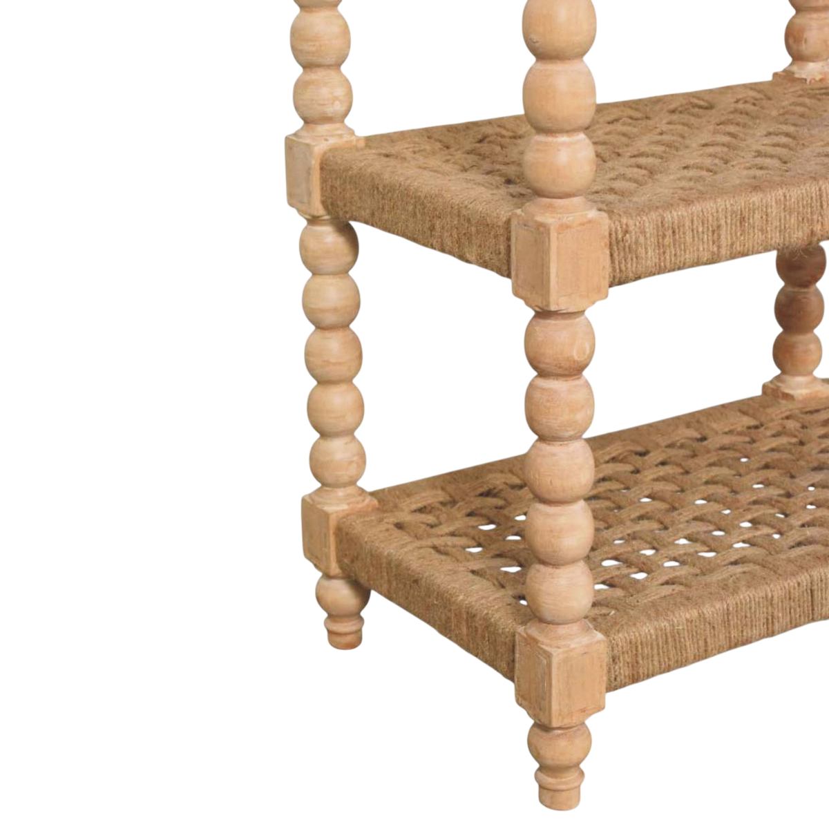 Close view of the bobbin turning on the Langham Woven-Shelf Console Table in Driftwood.